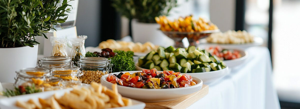 Ein Buffet mit frischem Gemüse, Salaten und Snacks ist ansprechend angerichtet