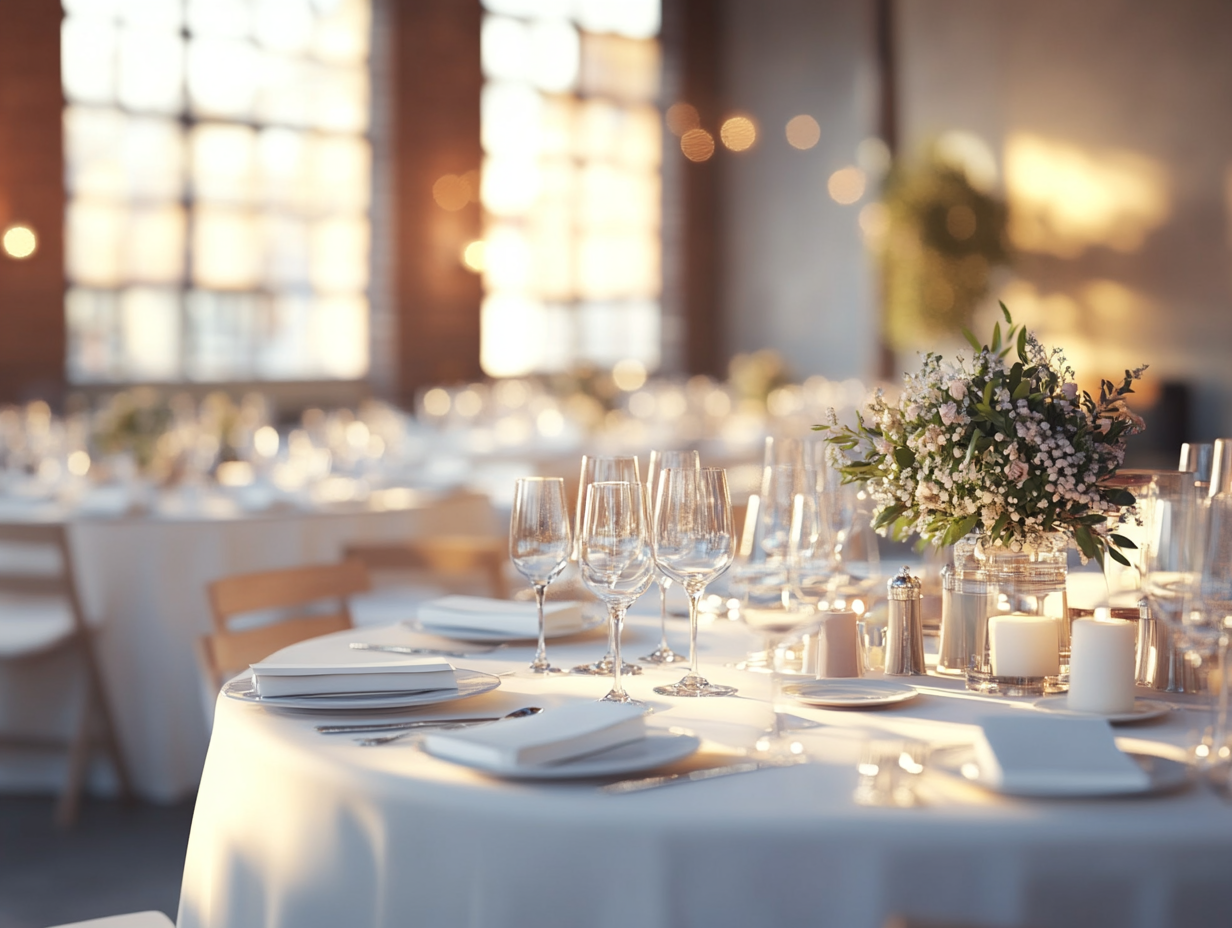 Der festlich gedeckte Saal zeigt runde Tische mit weißen Tischdecken, elegantem Geschirr, Gläsern und Blumen – bereit für ein stilvolles Event