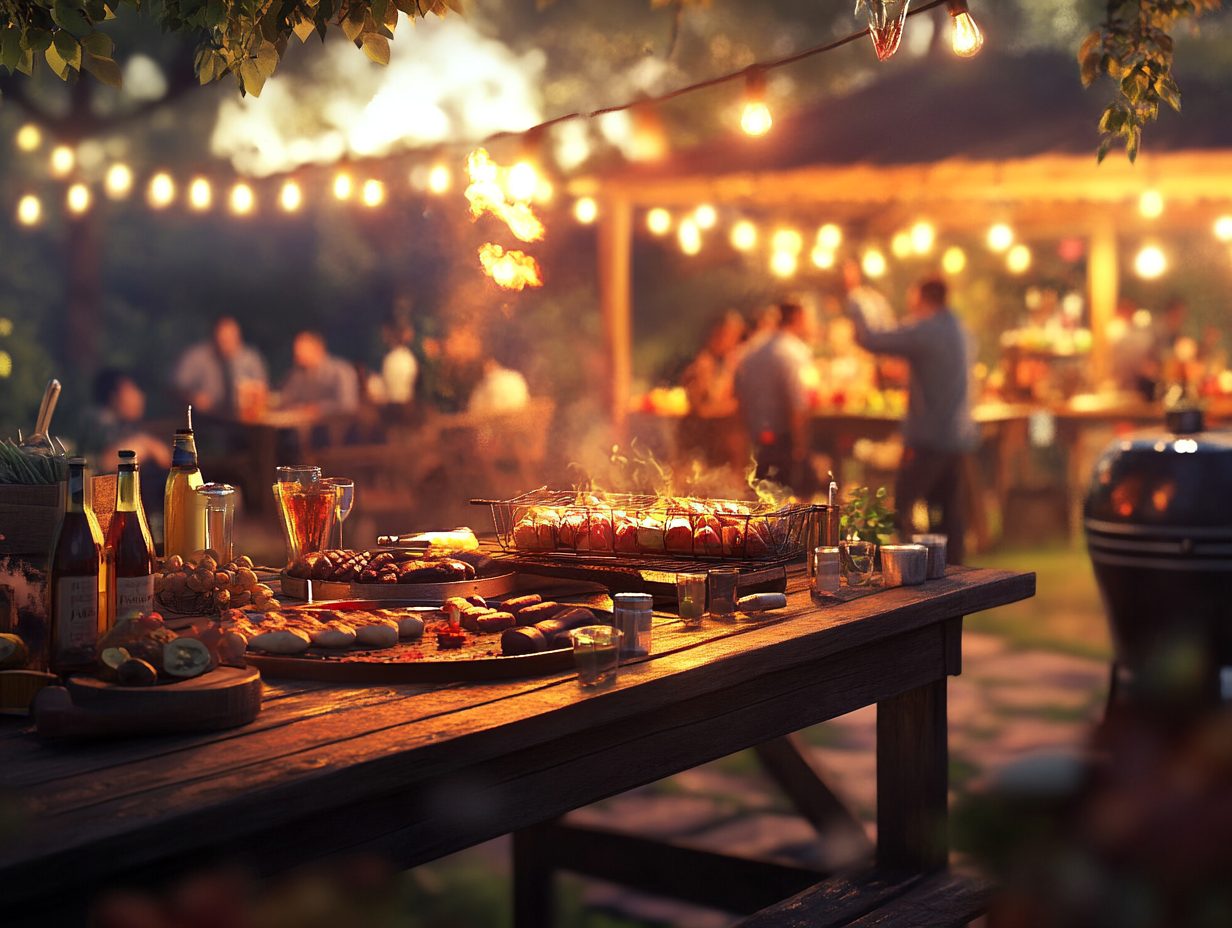 Ein Grillfest im Garten mit vielen Speisen, Getränken und geselliger Stimmung bei Lichterketten