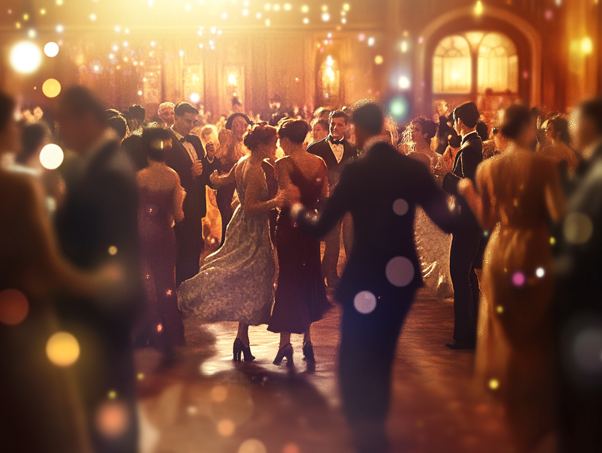 Ein festlicher Ball mit tanzenden Gästen in eleganter Kleidung.