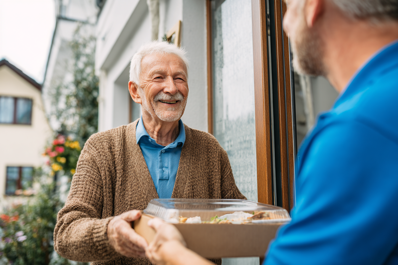 Ein älterer Mann lächelt freundlich, während er an seiner Haustür ein fertiges Essen von einem Lieferanten entgegennimmt