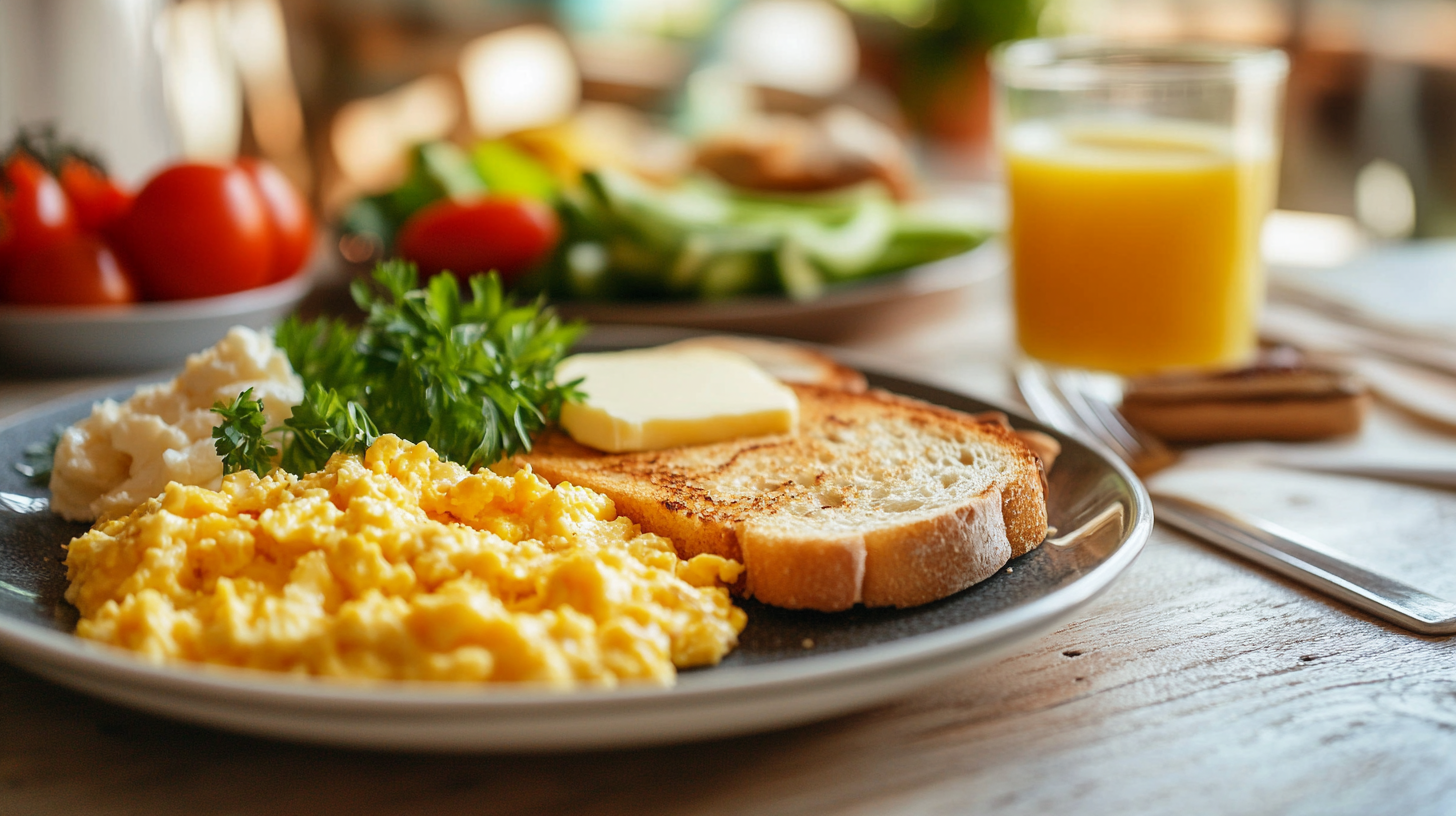ein leckeres Frühstück mit Rührei, geröstetem Brot mit Butter, frischen Kräutern, einem Glas Orangensaft und etwas Gemüse im Hintergrund. Alles ist appetitlich auf einem Teller angerichtet