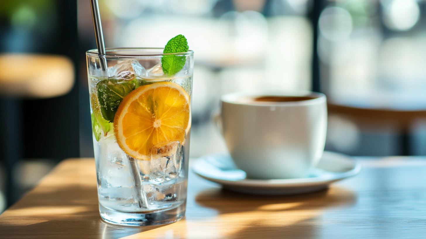 Ein Glas Wasser mit Zitrone und Minze steht neben einer Tasse Kaffee auf dem Tisch.
