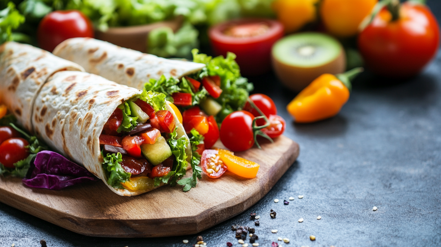 Zwei bunte Wraps mit frischem Gemüse liegen auf einem Holzbrett